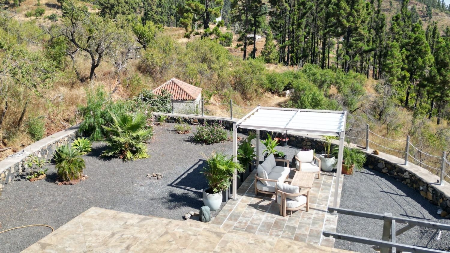 Terrasse mit Lounge und Pergola, dahinter Pinienwald